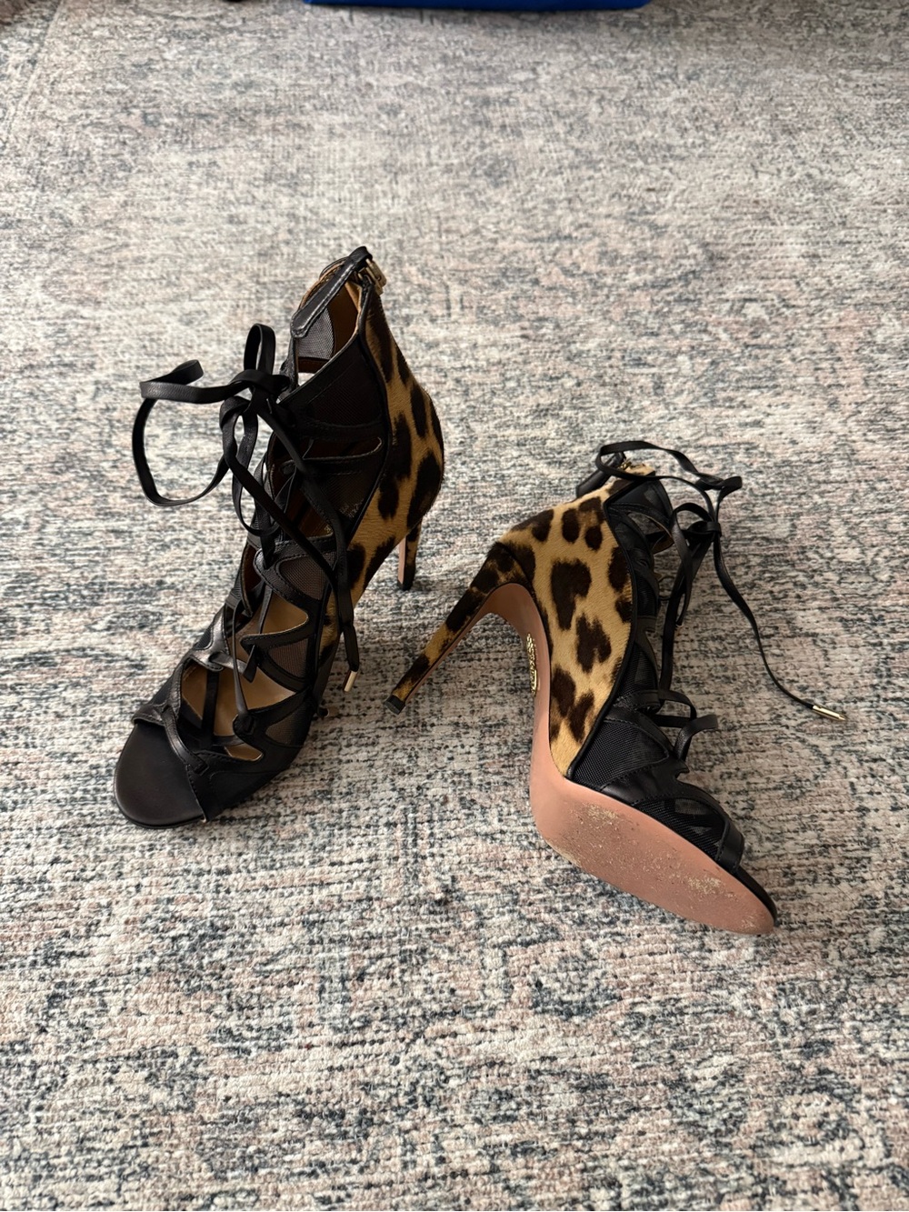 Aquazzura Leopard Print and Black Lace-Up Stiletto Sandals - Picture 1 of 12